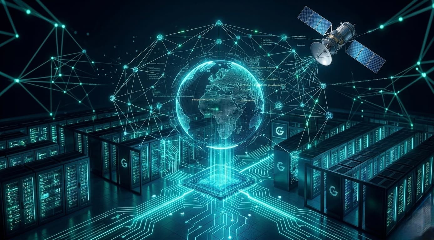 Illustration éditoriale pour GLOMAX Technologies : réseau numérique, données et infrastructure sécurisée.